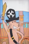A cartoon pirate puppy holding a sword. A cartoon cat is tied to a mast behind him.
