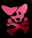 A puppy pirate logo. Red on a black background.